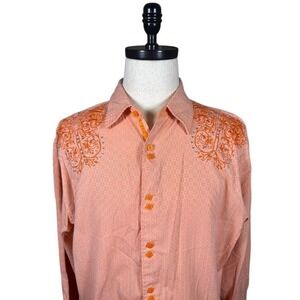 Lamasini Mens XL Peach Embroidered Rhinestone Button Down Shirt Long Sleeve XL